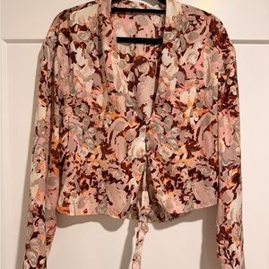 Open Edit Abstract Floral Tie Front Blouse Size S